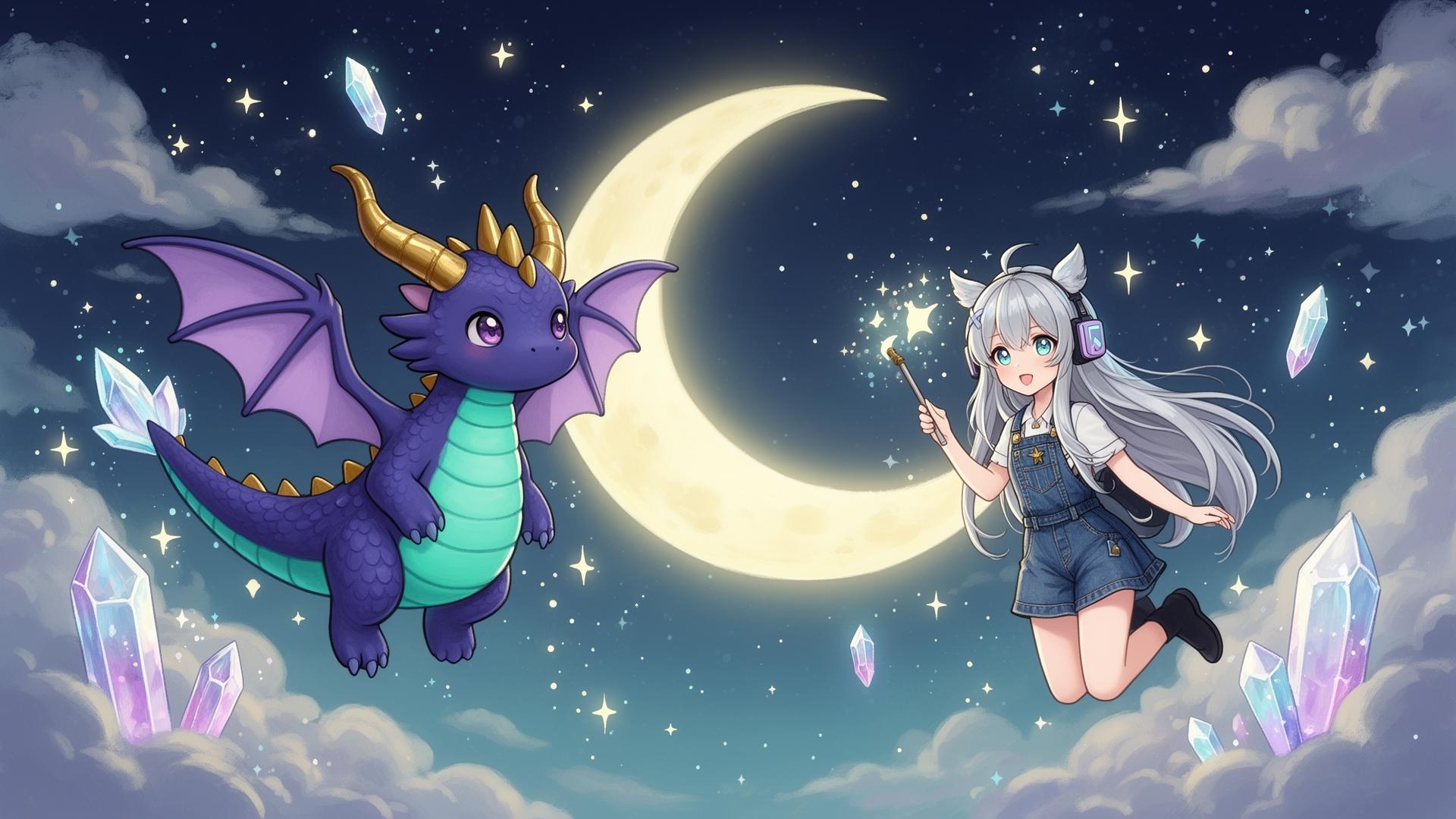 Special collector's wallpaper of Lunara and Drakora flying through the moonlit sky