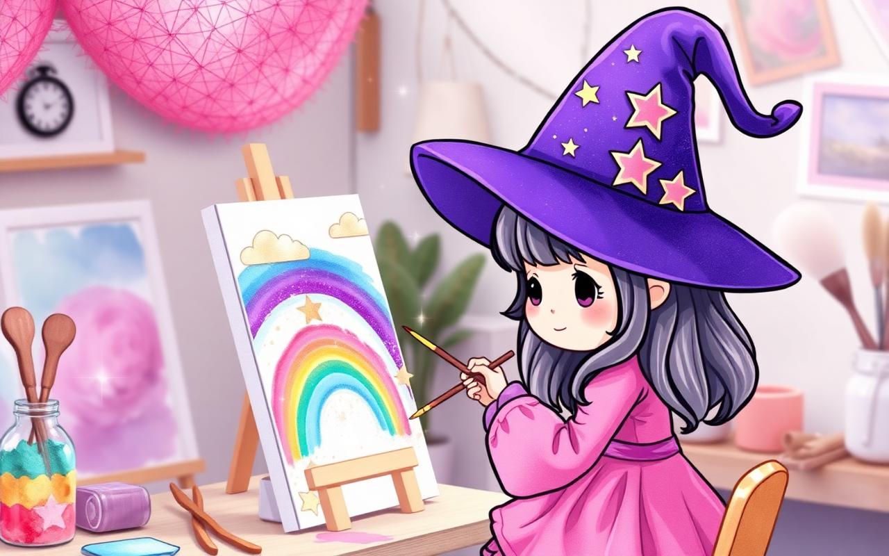 Sparkle Wonder Studio — kawaii witch painting a rainbow