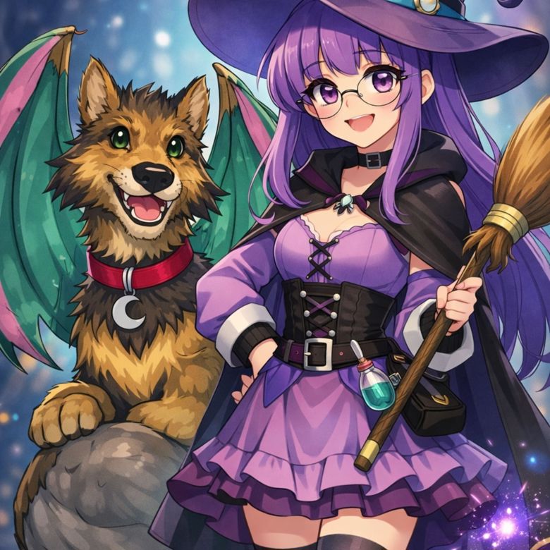 Lunara the witch with her dragon-winged pup ✦ featured Ko-fi drop